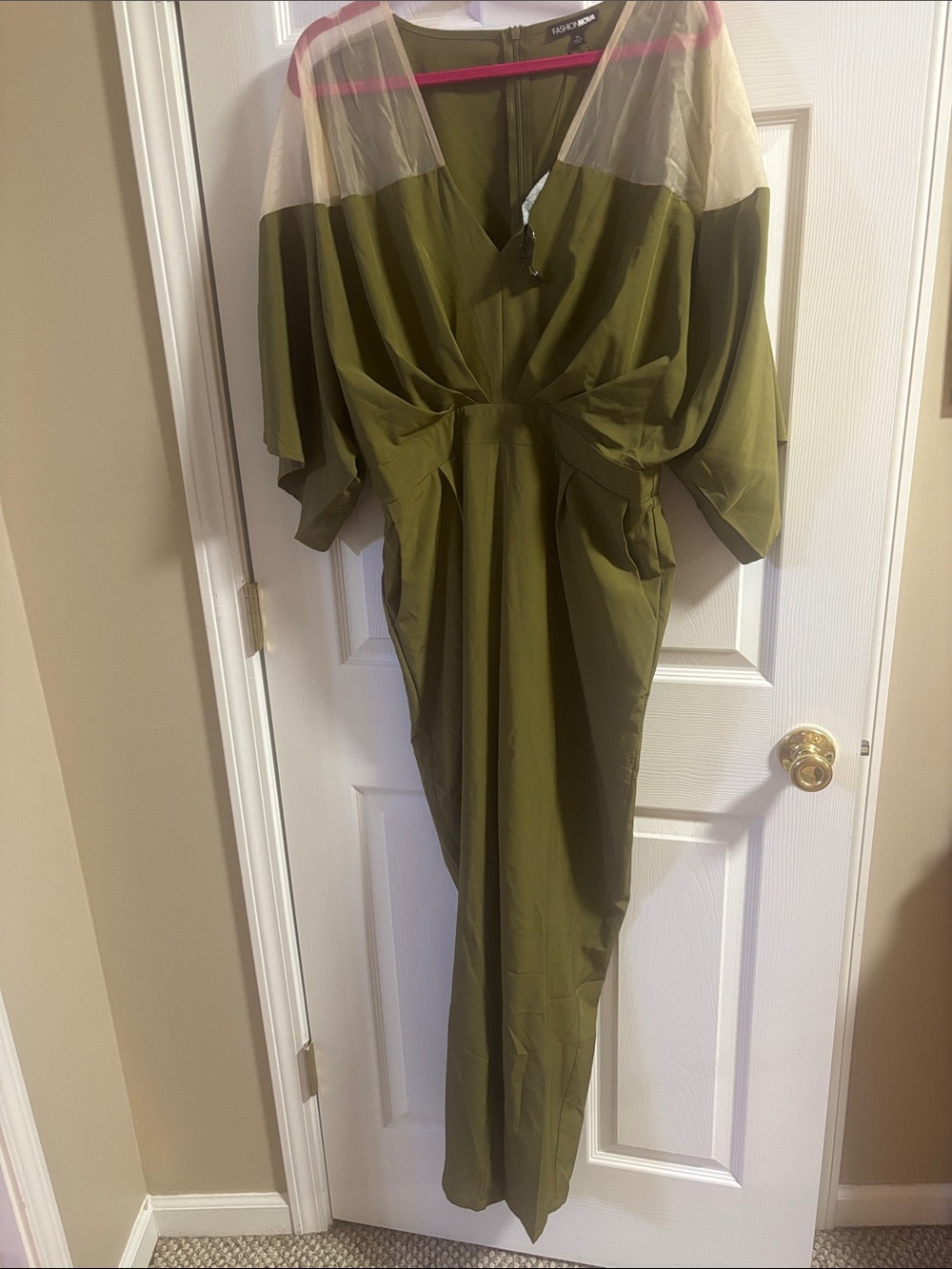 Fashion Nova Olive & Cream Mesh-Yoke Jumpsuit